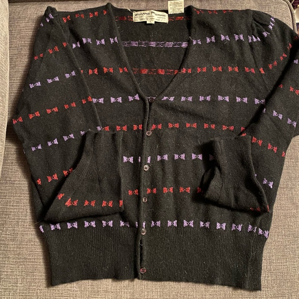 Vintage Sz L Angora Black Cardigan w/ black and red bows by Jean Pierre